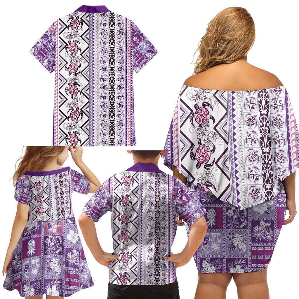 Hawaii Makahiki Turtle Family Matching Off Shoulder Short Dress and Hawaiian Shirt Violet Tapa Pattern LT05 - Polynesian Pride