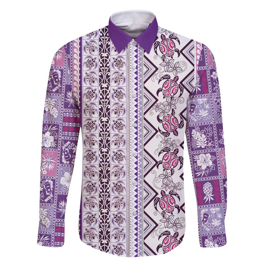 Hawaii Makahiki Turtle Family Matching Off Shoulder Short Dress and Hawaiian Shirt Violet Tapa Pattern LT05 Dad's Shirt - Long Sleeve Violet - Polynesian Pride