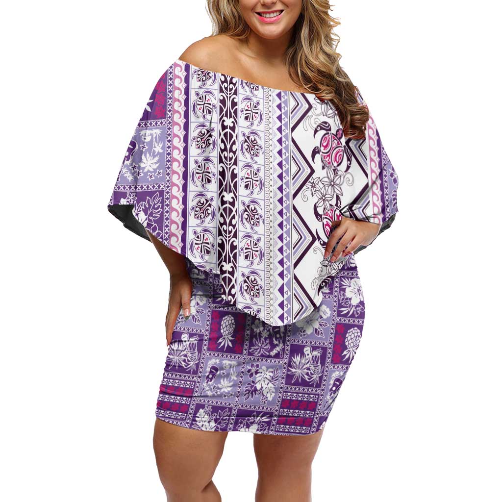 Hawaii Makahiki Turtle Family Matching Off Shoulder Short Dress and Hawaiian Shirt Violet Tapa Pattern LT05 Mom's Dress Violet - Polynesian Pride