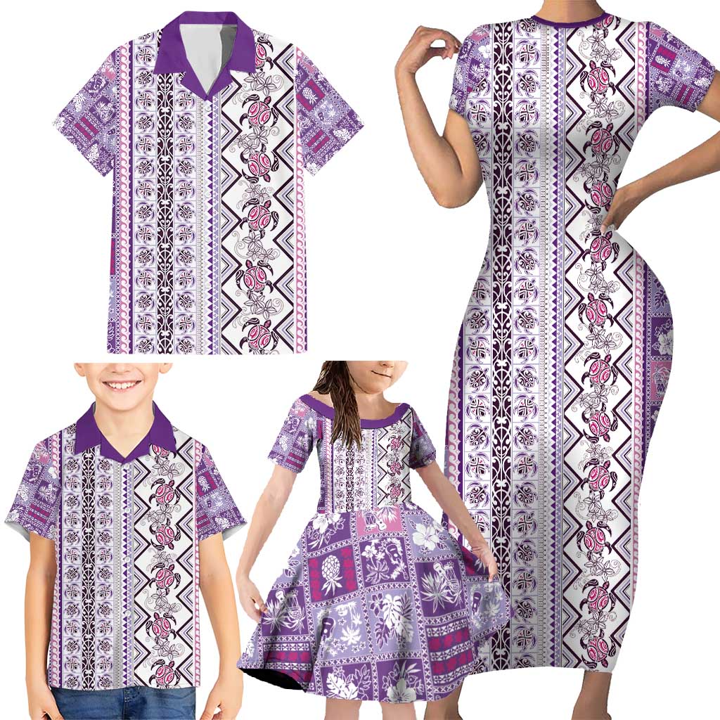 Hawaii Makahiki Turtle Family Matching Short Sleeve Bodycon Dress and Hawaiian Shirt Violet Tapa Pattern LT05 - Polynesian Pride