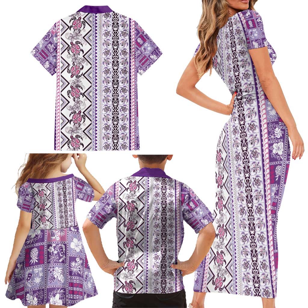 Hawaii Makahiki Turtle Family Matching Short Sleeve Bodycon Dress and Hawaiian Shirt Violet Tapa Pattern LT05 - Polynesian Pride