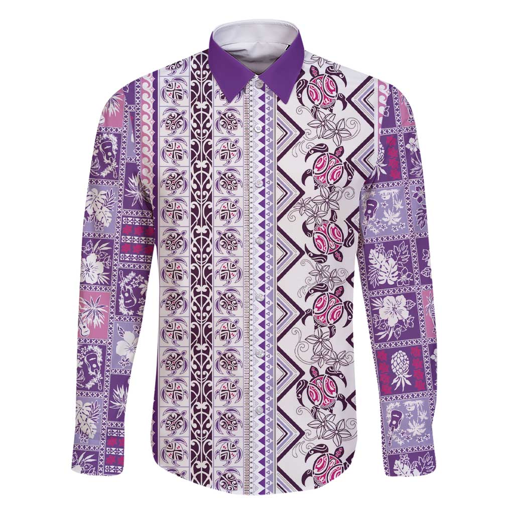 Hawaii Makahiki Turtle Family Matching Short Sleeve Bodycon Dress and Hawaiian Shirt Violet Tapa Pattern LT05 Dad's Shirt - Long Sleeve Violet - Polynesian Pride
