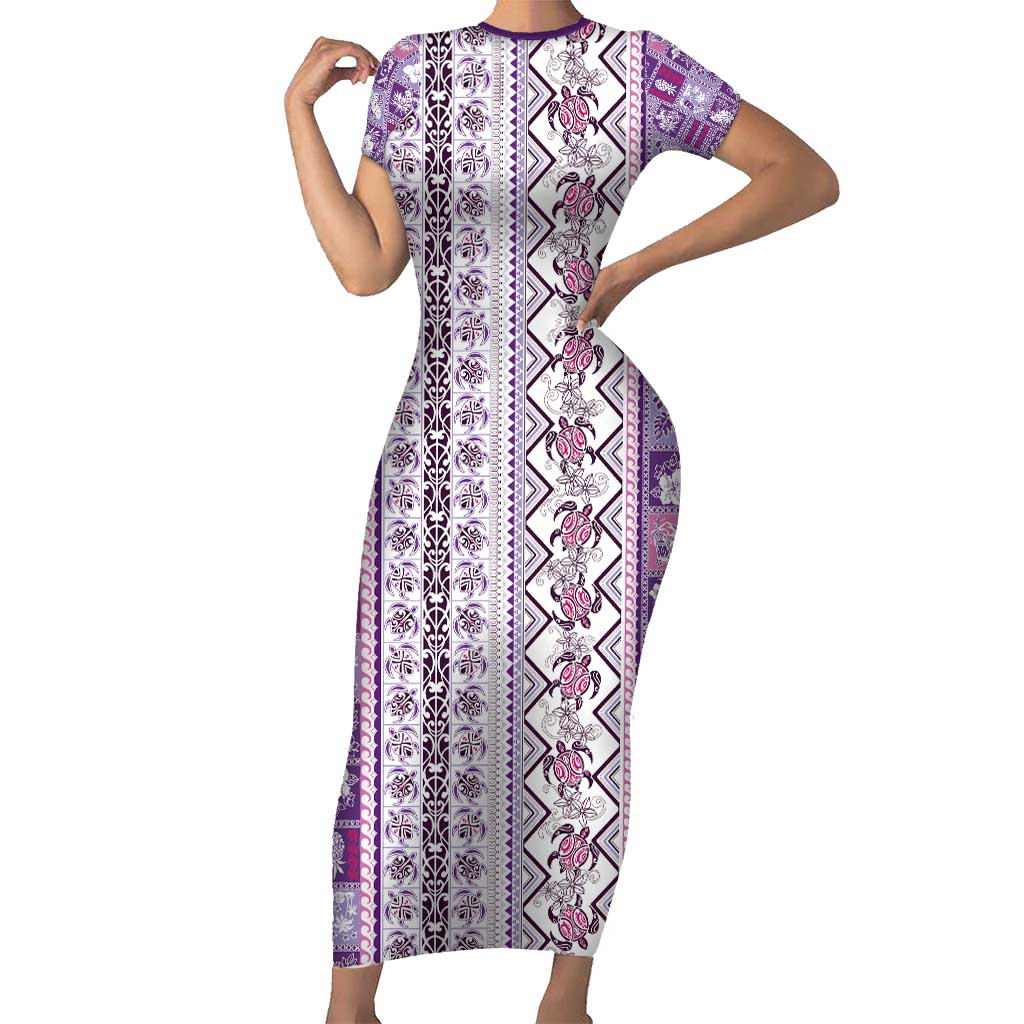 Hawaii Makahiki Turtle Family Matching Short Sleeve Bodycon Dress and Hawaiian Shirt Violet Tapa Pattern LT05 Mom's Dress Violet - Polynesian Pride