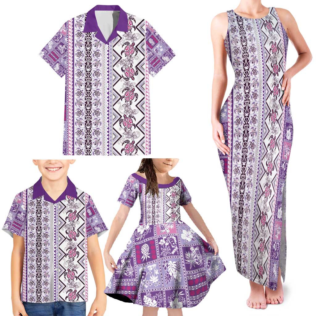 Hawaii Makahiki Turtle Family Matching Tank Maxi Dress and Hawaiian Shirt Violet Tapa Pattern LT05 - Polynesian Pride