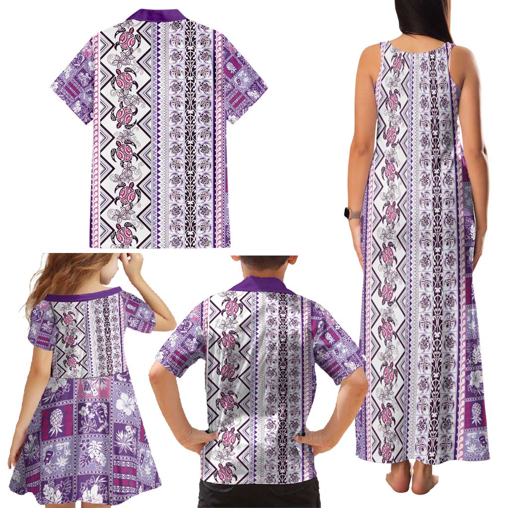 Hawaii Makahiki Turtle Family Matching Tank Maxi Dress and Hawaiian Shirt Violet Tapa Pattern LT05 - Polynesian Pride