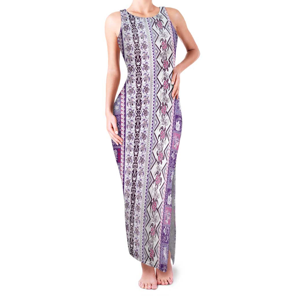 Hawaii Makahiki Turtle Family Matching Tank Maxi Dress and Hawaiian Shirt Violet Tapa Pattern LT05 Mom's Dress Violet - Polynesian Pride