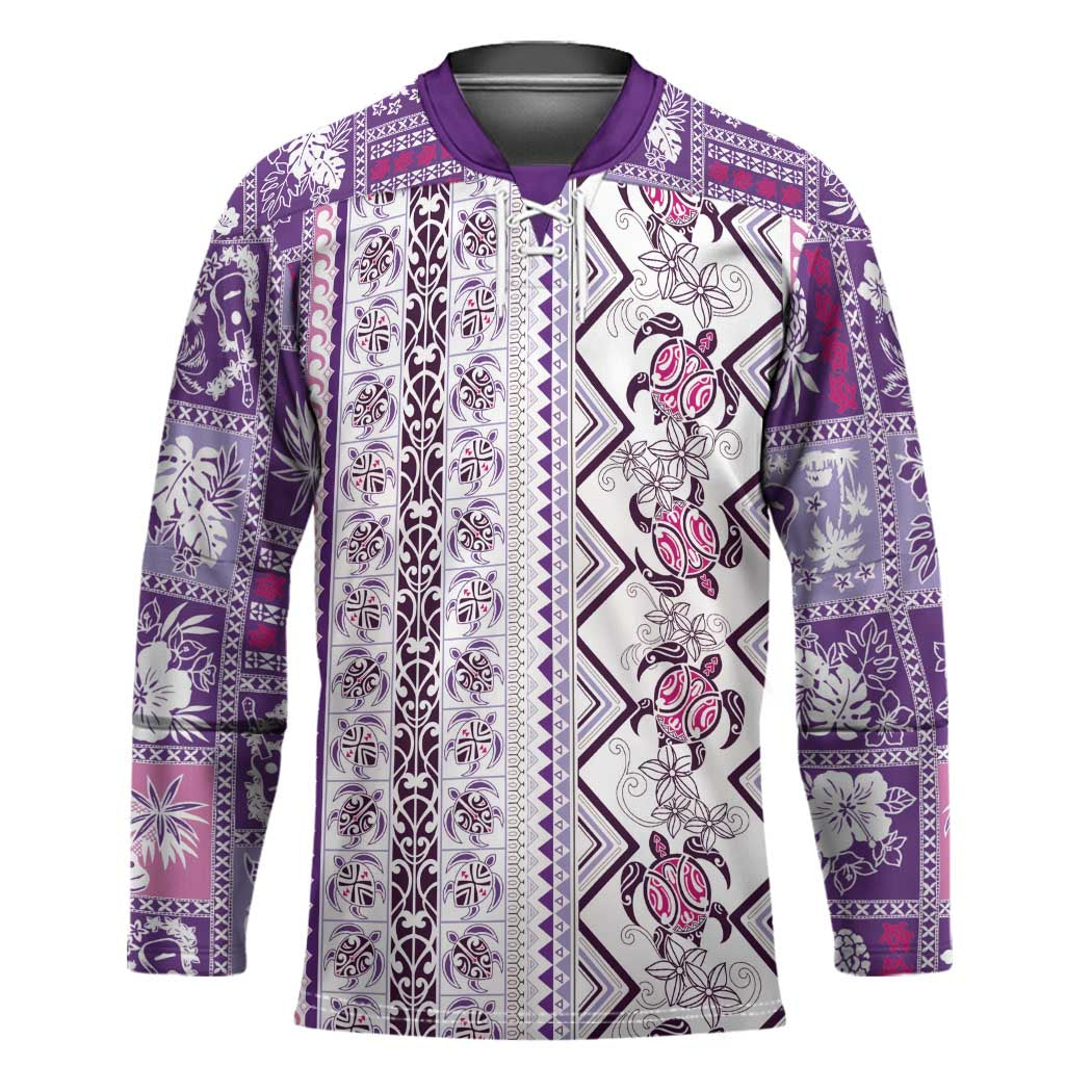 Hawaii Makahiki Turtle Hockey Jersey Violet Tapa Pattern - Polynesian Pride