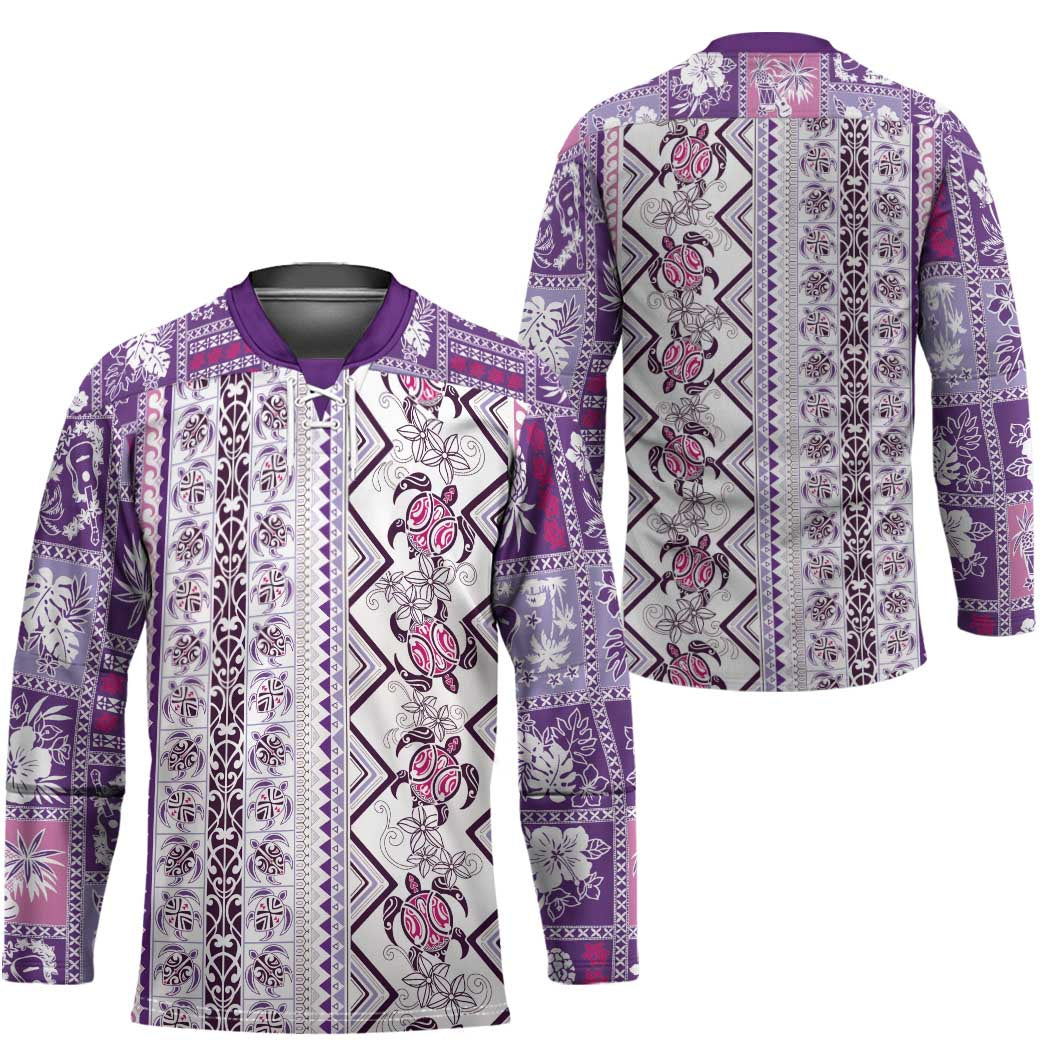 Hawaii Makahiki Turtle Hockey Jersey Violet Tapa Pattern - Polynesian Pride