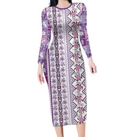 Hawaii Makahiki Turtle Long Sleeve Bodycon Dress Violet Tapa Pattern LT05 Long Dress Violet - Polynesian Pride