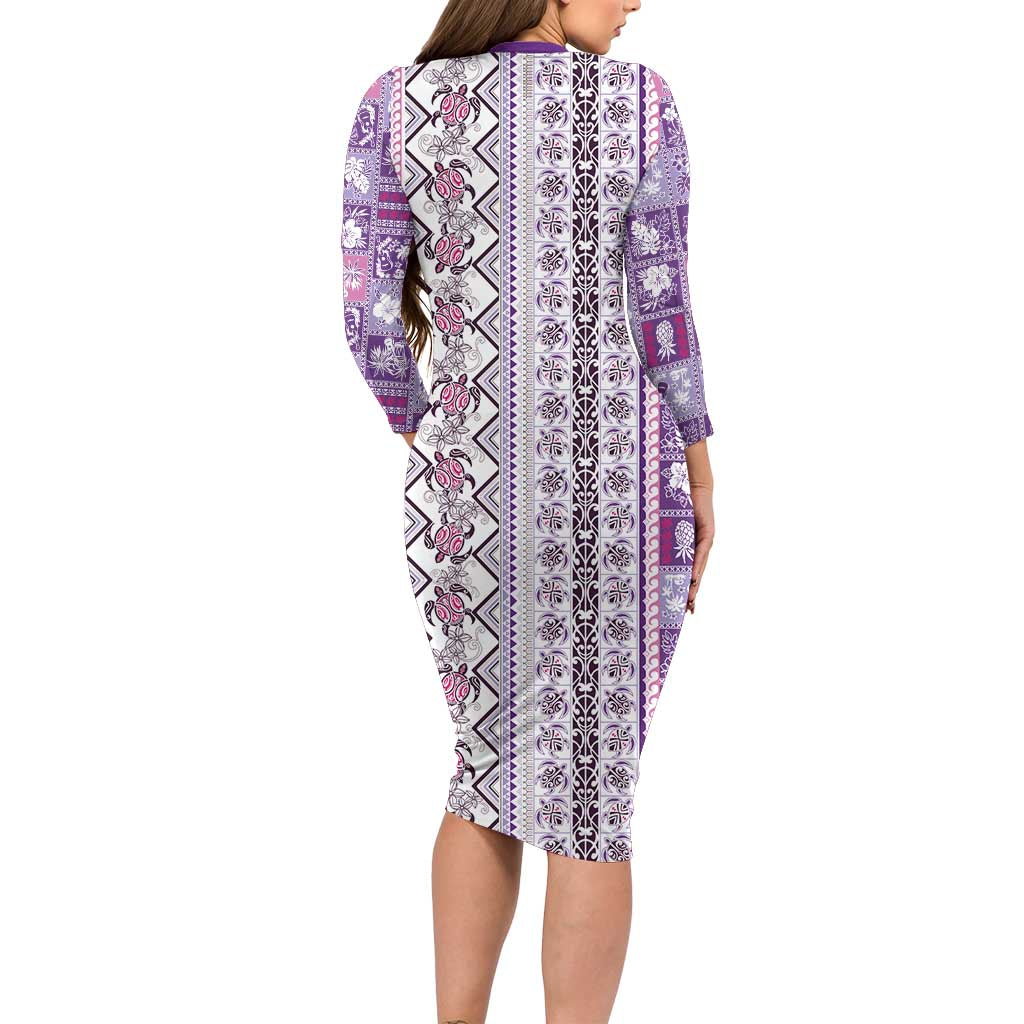 Hawaii Makahiki Turtle Long Sleeve Bodycon Dress Violet Tapa Pattern LT05 - Polynesian Pride