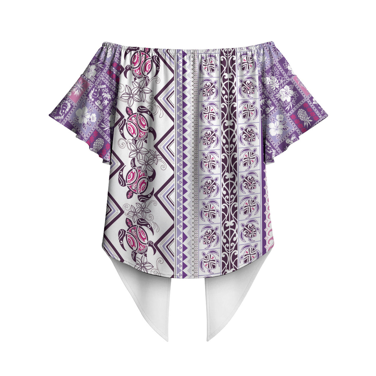 Hawaii Makahiki Turtle Off Shoulder Wrap Waist Top Violet Tapa Pattern LT05 - Polynesian Pride