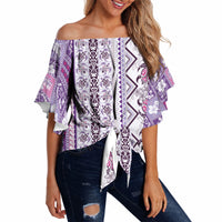 Hawaii Makahiki Turtle Off Shoulder Wrap Waist Top Violet Tapa Pattern LT05 - Polynesian Pride