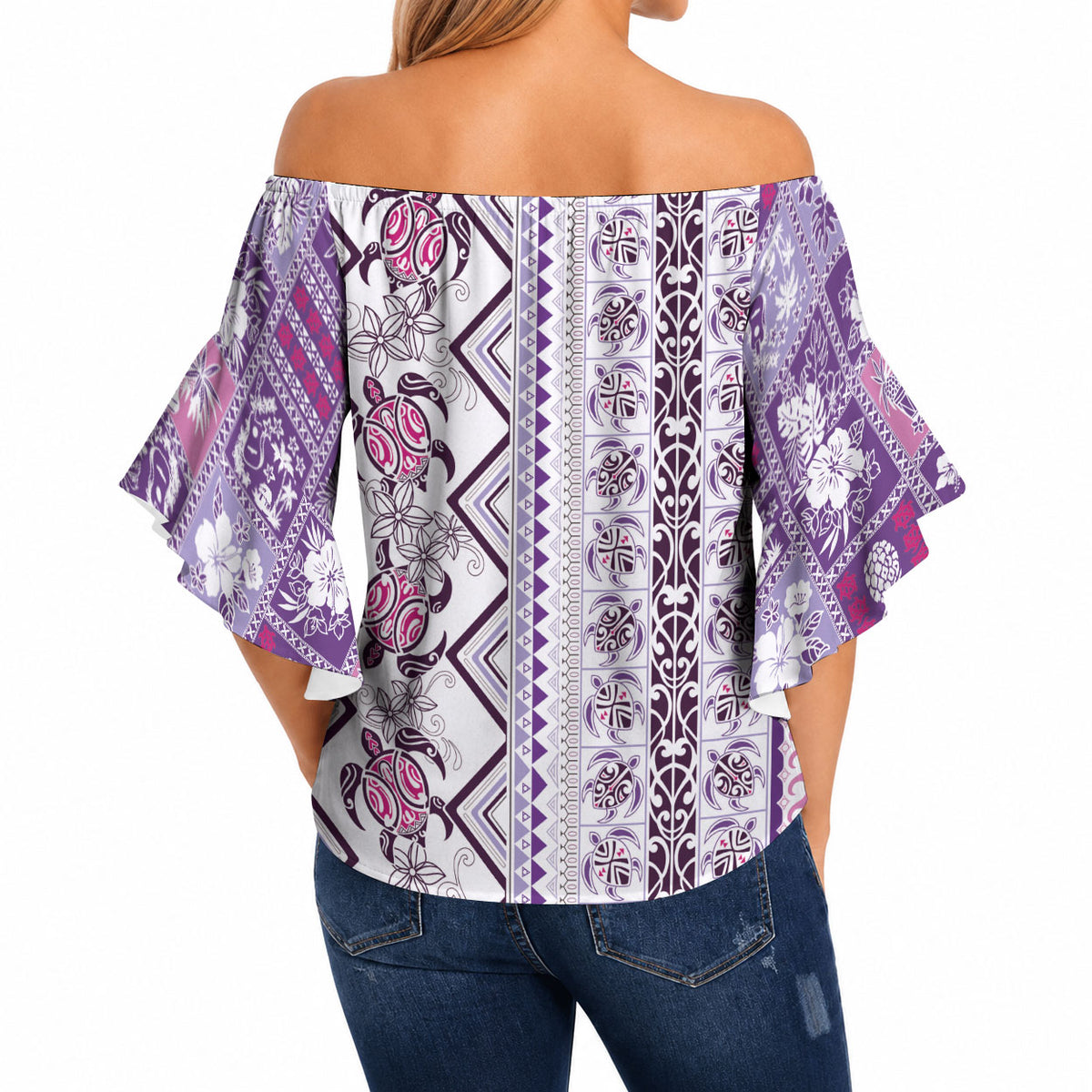 Hawaii Makahiki Turtle Off Shoulder Wrap Waist Top Violet Tapa Pattern LT05 - Polynesian Pride