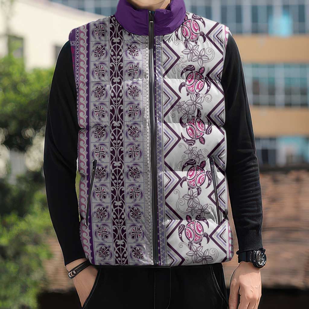 Hawaii Makahiki Turtle Sleeveless Puffer Jacket Violet Tapa Pattern - Polynesian Pride