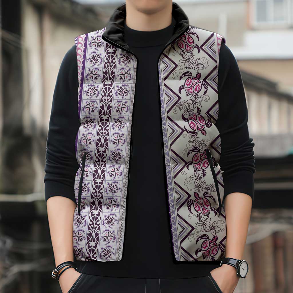Hawaii Makahiki Turtle Sleeveless Puffer Jacket Violet Tapa Pattern - Polynesian Pride