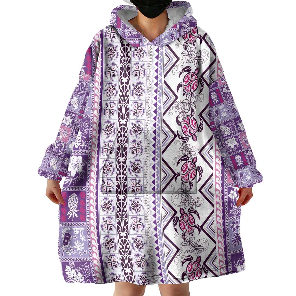 Hawaii Makahiki Turtle Wearable Blanket Hoodie Violet Tapa Pattern LT05 - Polynesian Pride