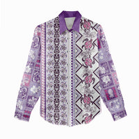 Hawaii Makahiki Turtle Women Casual Shirt Violet Tapa Pattern - Polynesian Pride