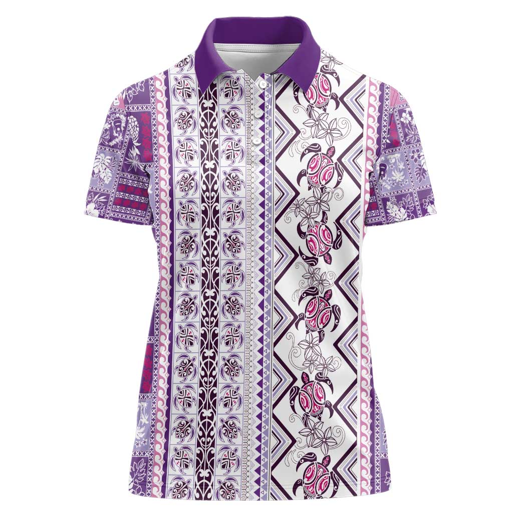 Hawaii Makahiki Turtle Women Polo Shirt Violet Tapa Pattern - Polynesian Pride