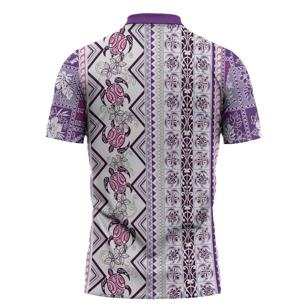 Hawaii Makahiki Turtle Zipper Polo Shirt Violet Tapa Pattern - Polynesian Pride