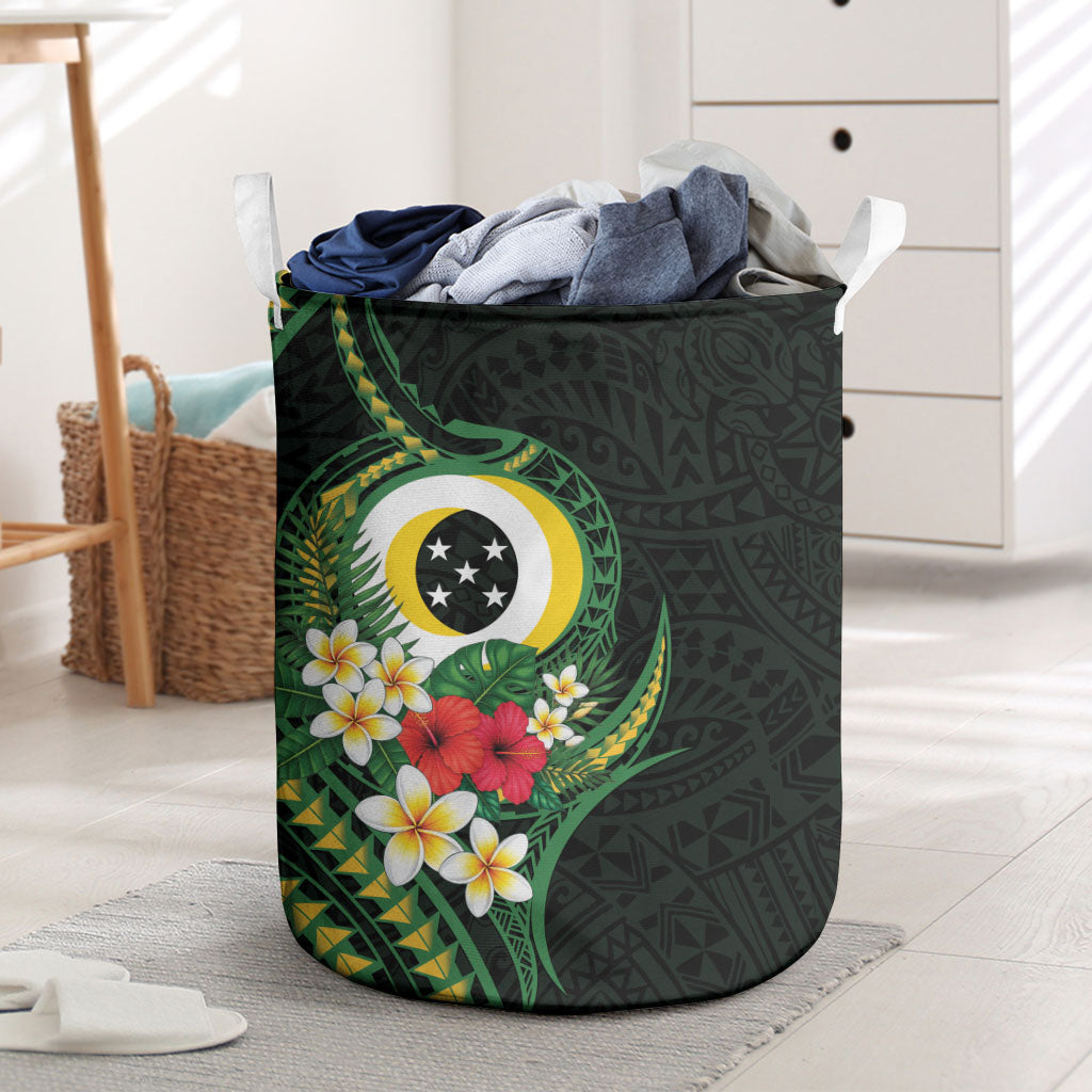 Solomon Islands Western Province Laundry Basket Polynesian Pattern With Tropical Flowers LT05 Green - Polynesian Pride