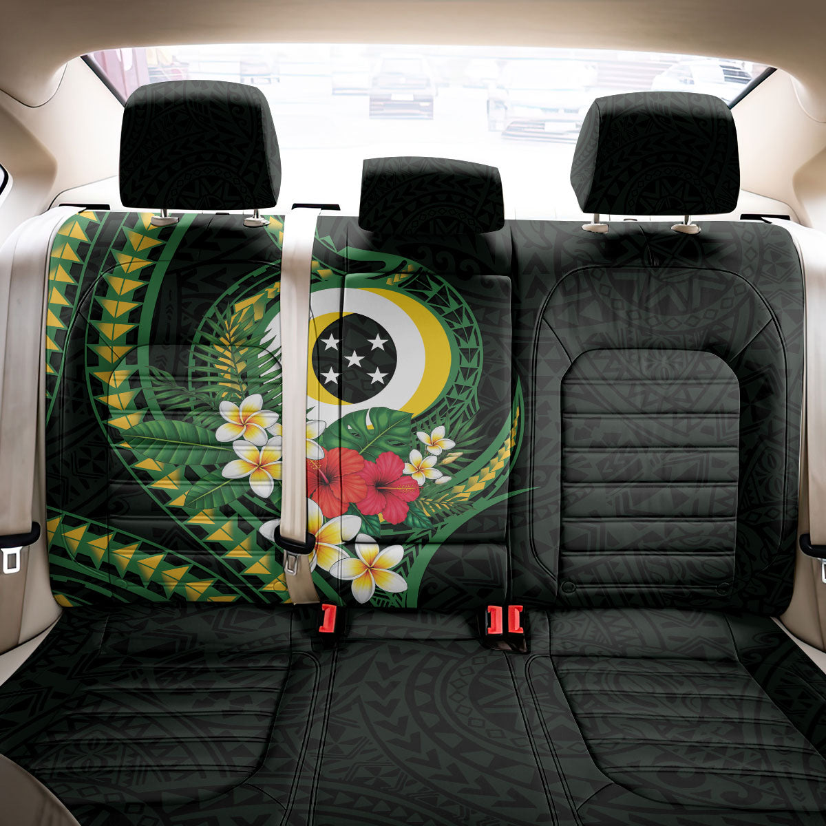 Solomon Islands Western Province Back Car Seat Cover Polynesian Pattern With Tropical Flowers LT05 - Polynesian Pride