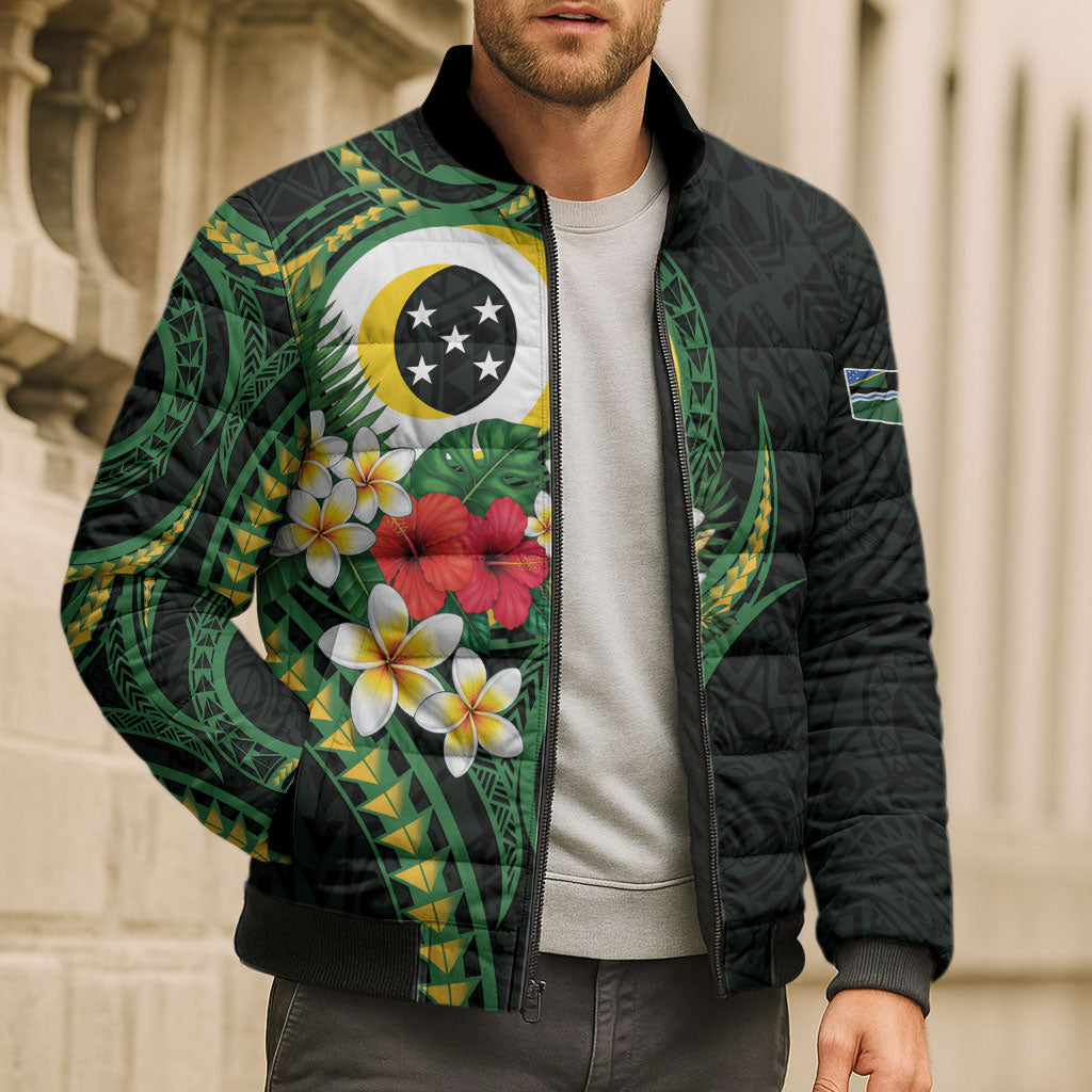 Solomon Islands Western Province Bomber Puffer Jacket Polynesian Pattern With Tropical Flowers LT05 - Polynesian Pride
