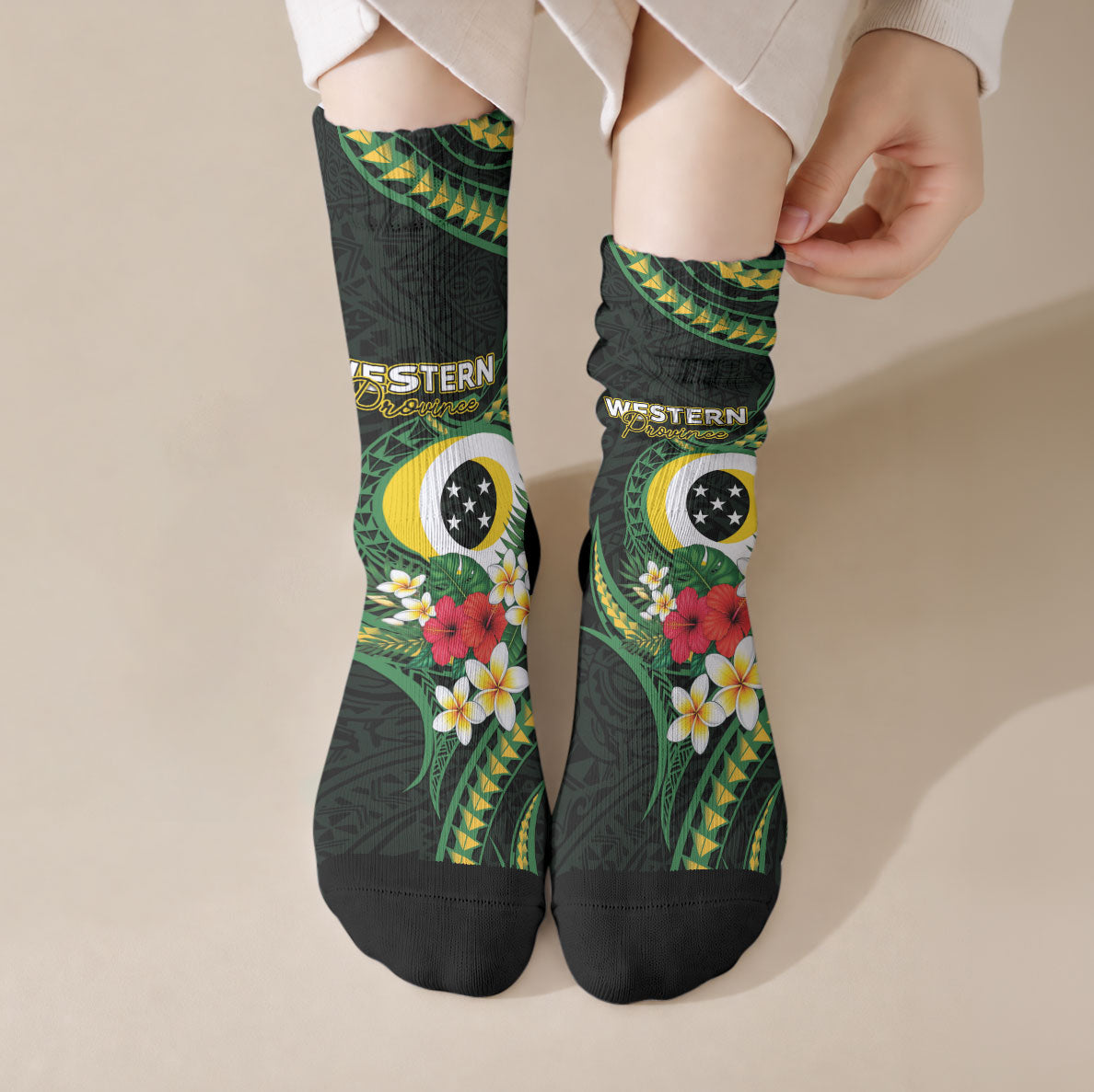 Solomon Islands Western Province Crew Socks Polynesian Pattern With Tropical Flowers LT05 Crew Socks Green - Polynesian Pride