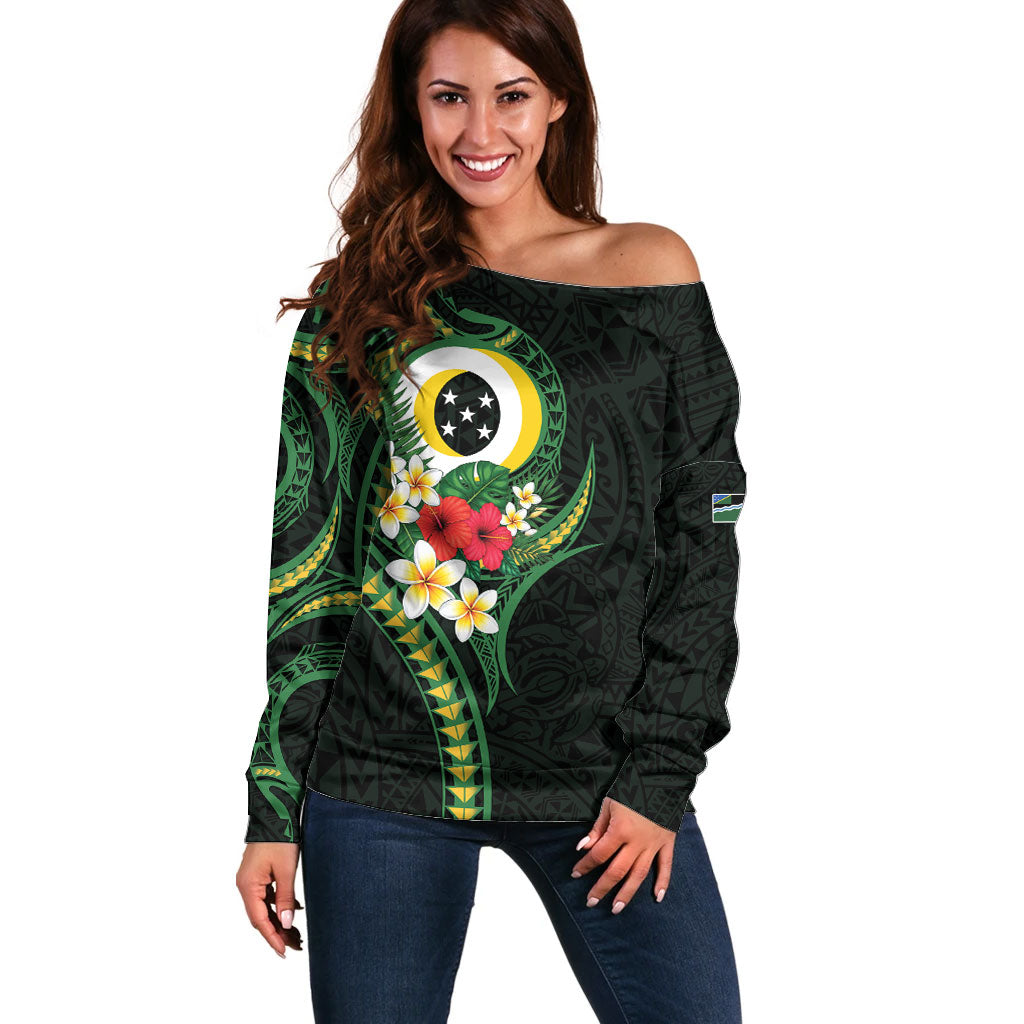 Solomon Islands Western Province Off Shoulder Sweater Polynesian Pattern With Tropical Flowers LT05 Women Green - Polynesian Pride