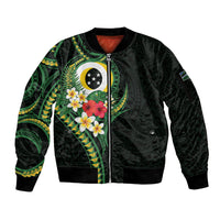 Solomon Islands Western Province Sleeve Zip Bomber Jacket Polynesian Pattern With Tropical Flowers LT05 Unisex Green - Polynesian Pride