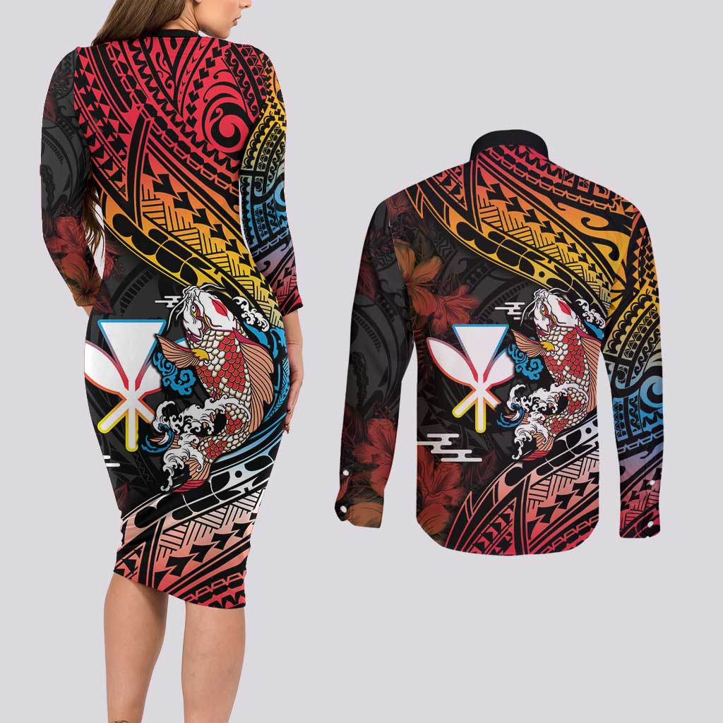 Hawaii And Japan Couples Matching Long Sleeve Bodycon Dress and Long Sleeve Button Shirt Koi Fish With Kanaka Maoli LT05 - Polynesian Pride