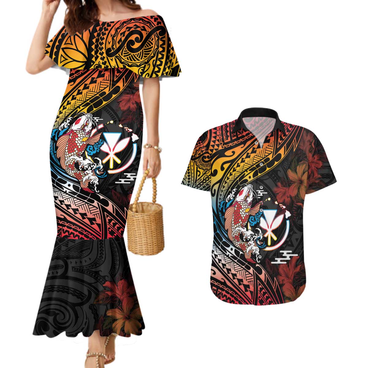 Hawaii And Japan Couples Matching Mermaid Dress and Hawaiian Shirt Koi Fish With Kanaka Maoli LT05 Black - Polynesian Pride