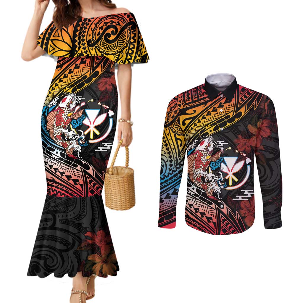 Hawaii And Japan Couples Matching Mermaid Dress and Long Sleeve Button Shirt Koi Fish With Kanaka Maoli LT05 Black - Polynesian Pride