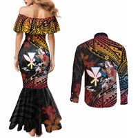 Hawaii And Japan Couples Matching Mermaid Dress and Long Sleeve Button Shirt Koi Fish With Kanaka Maoli LT05 - Polynesian Pride