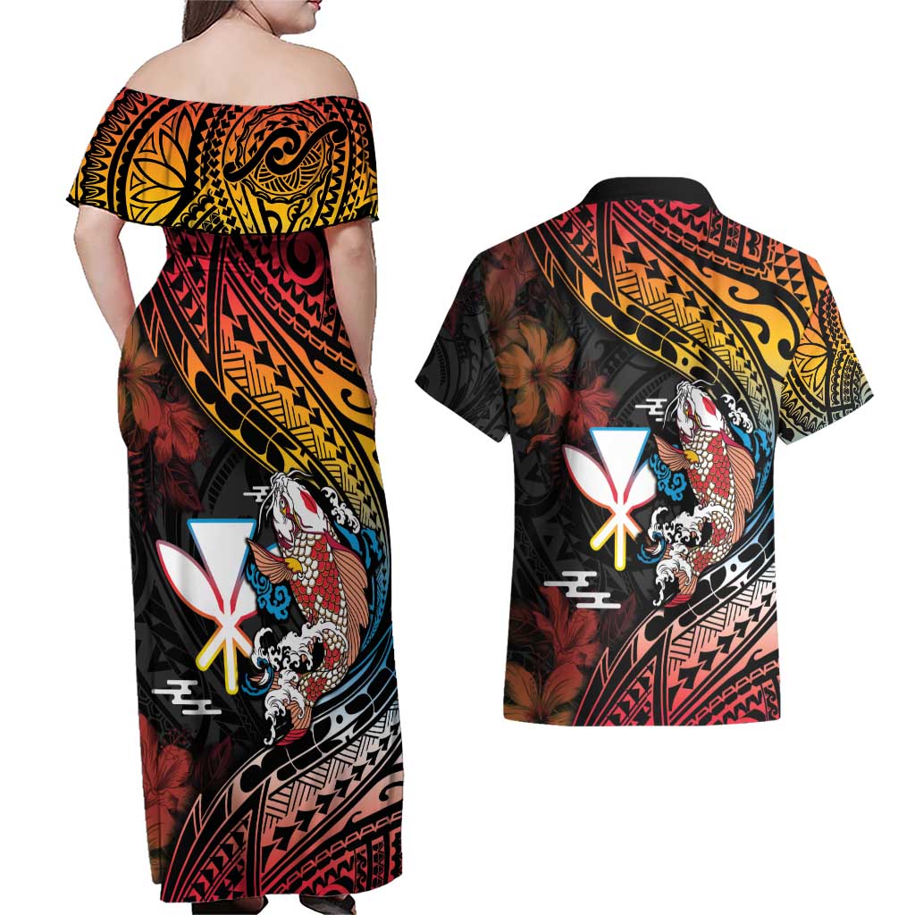 Hawaii And Japan Couples Matching Off Shoulder Maxi Dress and Hawaiian Shirt Koi Fish With Kanaka Maoli LT05 - Polynesian Pride