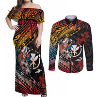 Hawaii And Japan Couples Matching Off Shoulder Maxi Dress and Long Sleeve Button Shirt Koi Fish With Kanaka Maoli LT05 Black - Polynesian Pride