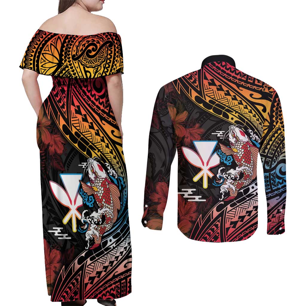Hawaii And Japan Couples Matching Off Shoulder Maxi Dress and Long Sleeve Button Shirt Koi Fish With Kanaka Maoli LT05 - Polynesian Pride