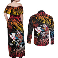 Hawaii And Japan Couples Matching Off Shoulder Maxi Dress and Long Sleeve Button Shirt Koi Fish With Kanaka Maoli LT05 - Polynesian Pride