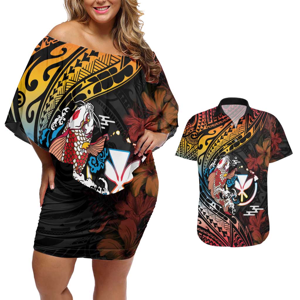 Hawaii And Japan Couples Matching Off Shoulder Short Dress and Hawaiian Shirt Koi Fish With Kanaka Maoli LT05 Black - Polynesian Pride