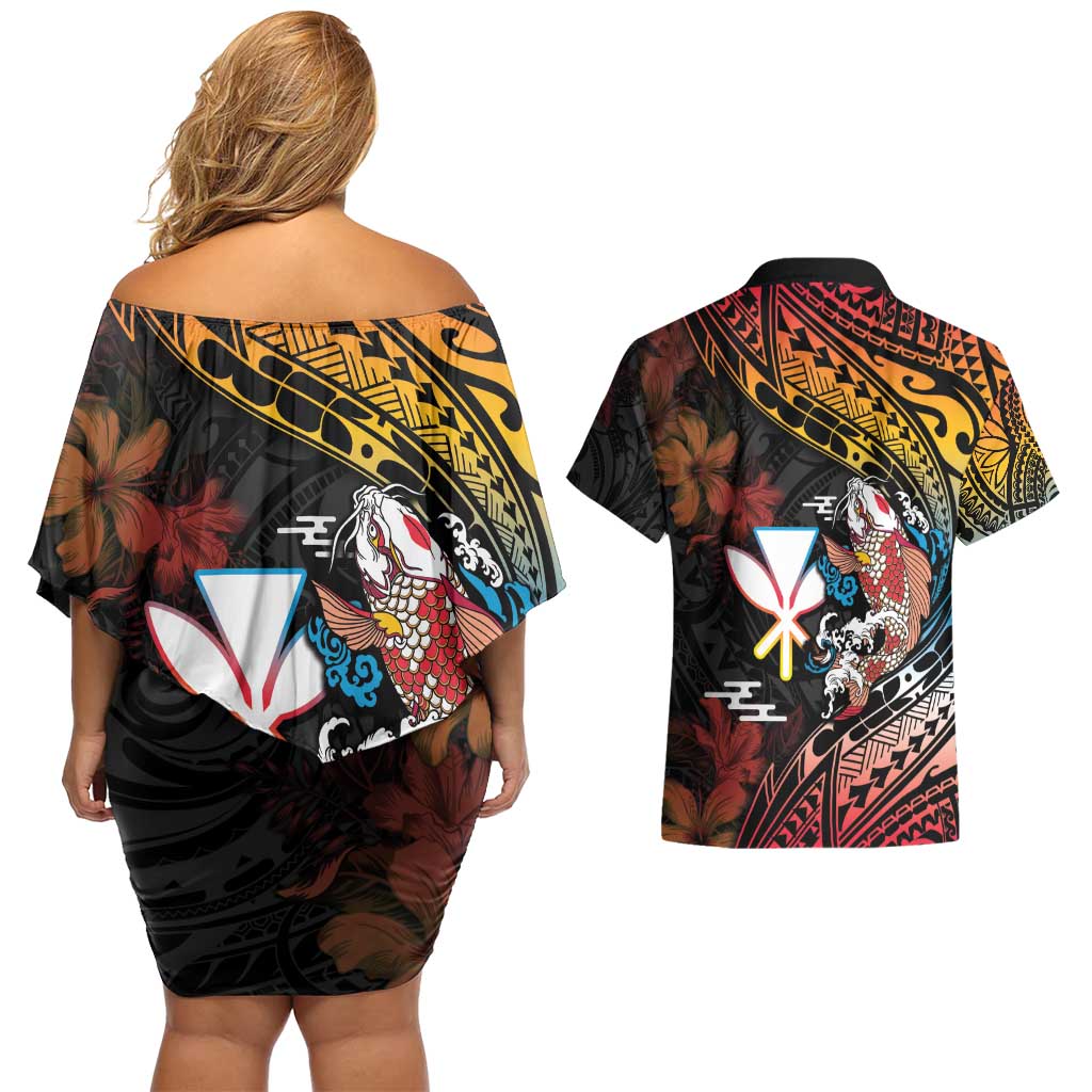 Hawaii And Japan Couples Matching Off Shoulder Short Dress and Hawaiian Shirt Koi Fish With Kanaka Maoli LT05 - Polynesian Pride
