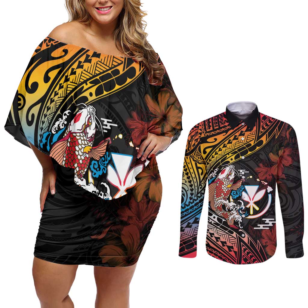 Hawaii And Japan Couples Matching Off Shoulder Short Dress and Long Sleeve Button Shirt Koi Fish With Kanaka Maoli LT05 Black - Polynesian Pride