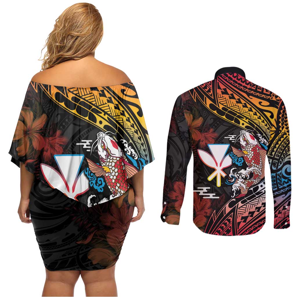 Hawaii And Japan Couples Matching Off Shoulder Short Dress and Long Sleeve Button Shirt Koi Fish With Kanaka Maoli LT05 - Polynesian Pride