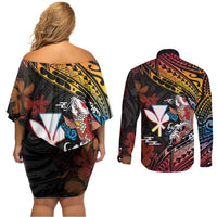 Hawaii And Japan Couples Matching Off Shoulder Short Dress and Long Sleeve Button Shirt Koi Fish With Kanaka Maoli LT05 - Polynesian Pride