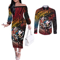 Hawaii And Japan Couples Matching Off The Shoulder Long Sleeve Dress and Long Sleeve Button Shirt Koi Fish With Kanaka Maoli LT05 Black - Polynesian Pride