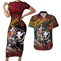 Hawaii And Japan Couples Matching Short Sleeve Bodycon Dress and Hawaiian Shirt Koi Fish With Kanaka Maoli LT05 Black - Polynesian Pride