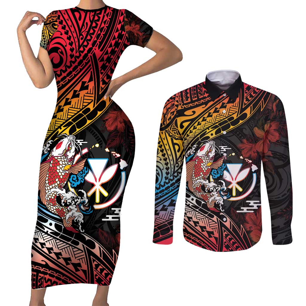 Hawaii And Japan Couples Matching Short Sleeve Bodycon Dress and Long Sleeve Button Shirt Koi Fish With Kanaka Maoli LT05 Black - Polynesian Pride