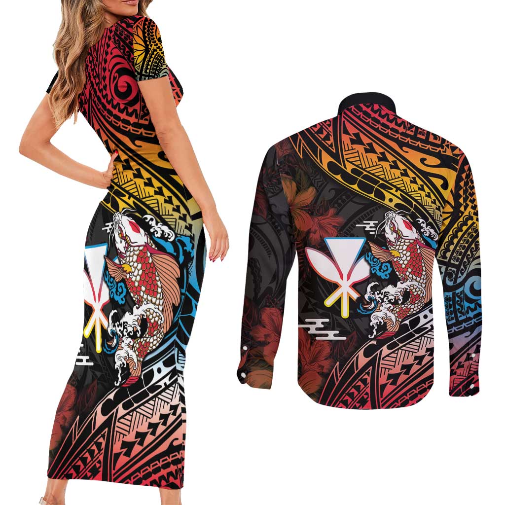 Hawaii And Japan Couples Matching Short Sleeve Bodycon Dress and Long Sleeve Button Shirt Koi Fish With Kanaka Maoli LT05 - Polynesian Pride