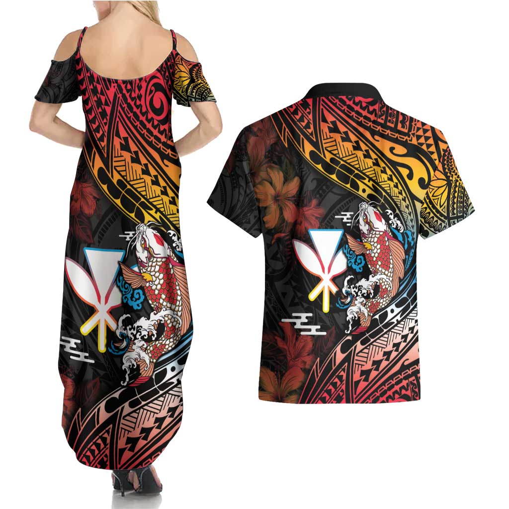 Hawaii And Japan Couples Matching Summer Maxi Dress and Hawaiian Shirt Koi Fish With Kanaka Maoli LT05 - Polynesian Pride