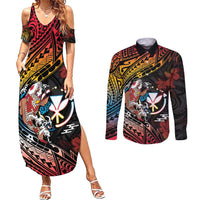 Hawaii And Japan Couples Matching Summer Maxi Dress and Long Sleeve Button Shirt Koi Fish With Kanaka Maoli LT05 Black - Polynesian Pride