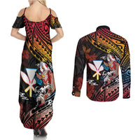 Hawaii And Japan Couples Matching Summer Maxi Dress and Long Sleeve Button Shirt Koi Fish With Kanaka Maoli LT05 - Polynesian Pride