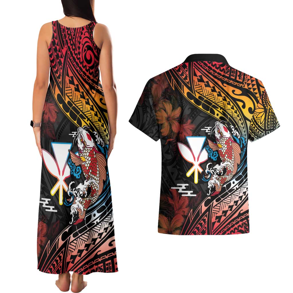 Hawaii And Japan Couples Matching Tank Maxi Dress and Hawaiian Shirt Koi Fish With Kanaka Maoli LT05 - Polynesian Pride